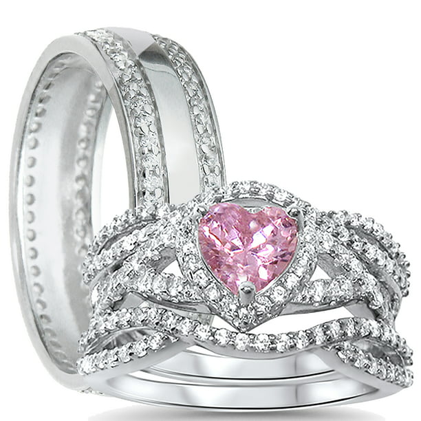 Pink CZ Sterling Silver Eternity Jewelry Women Wedding Engagement Ring Guard